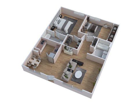 A 3D floor plan of a house with a kitchen, living room, and bedrooms.